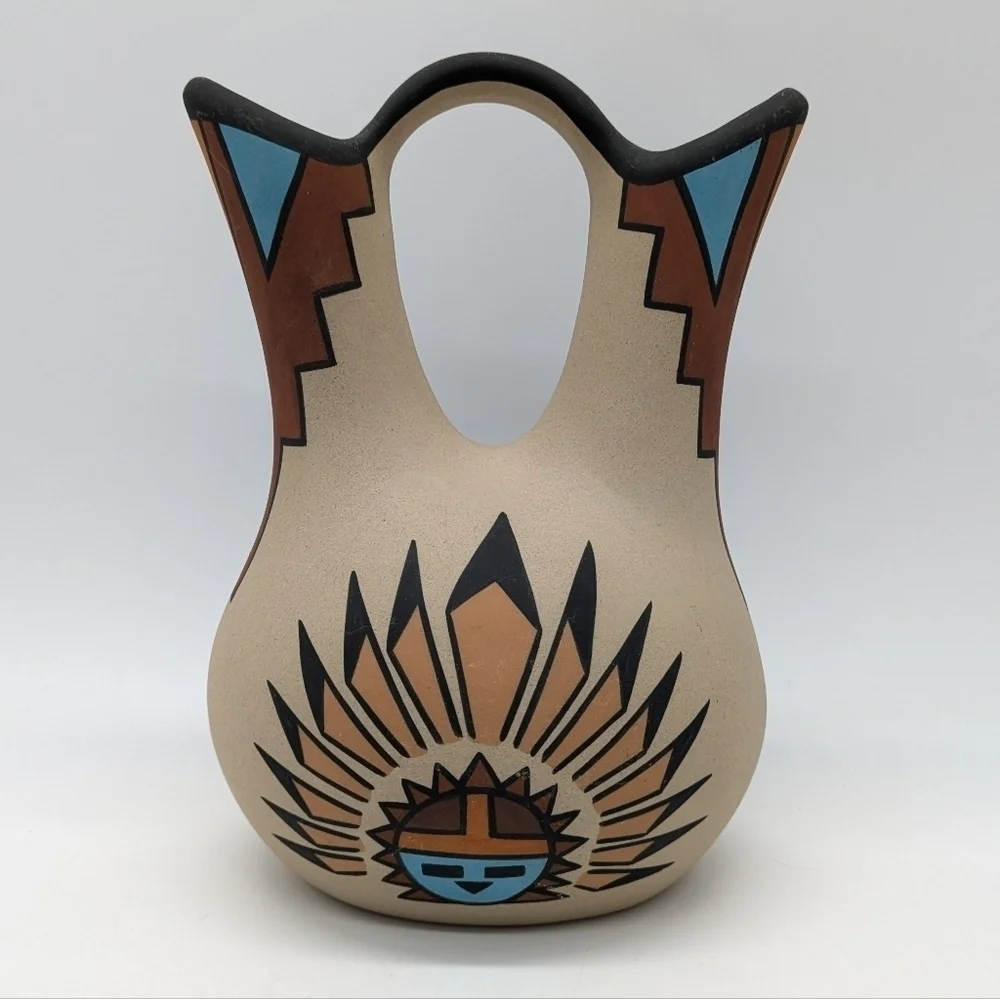 Native American stoneware ceramic wedding vase brown tan blue